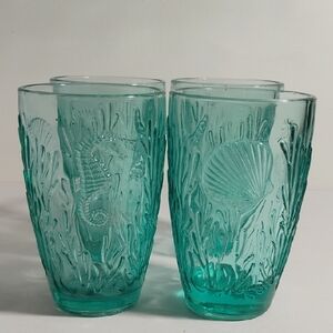 Artland Marine Collection Embossed Aqua Seahorse Starfish Shell Coral Set Of 4